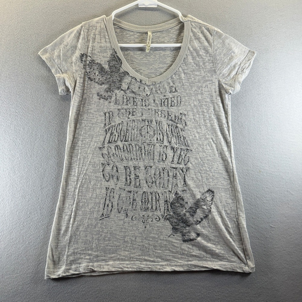 American Age Womens Grey Burnout V-Neck Graphic T-Shirt Rhinestone Birds Quote